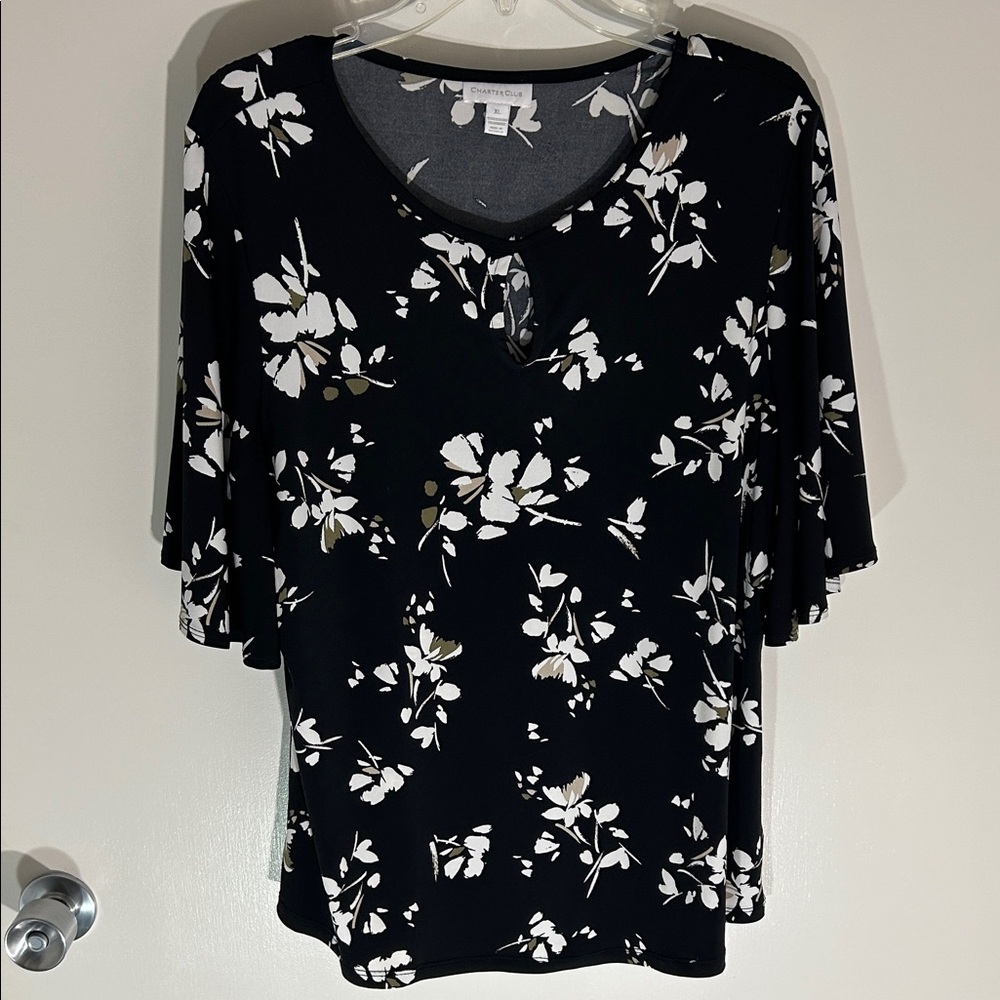 Charter Club Black and White Floral Blouse with scoop neck, size XL